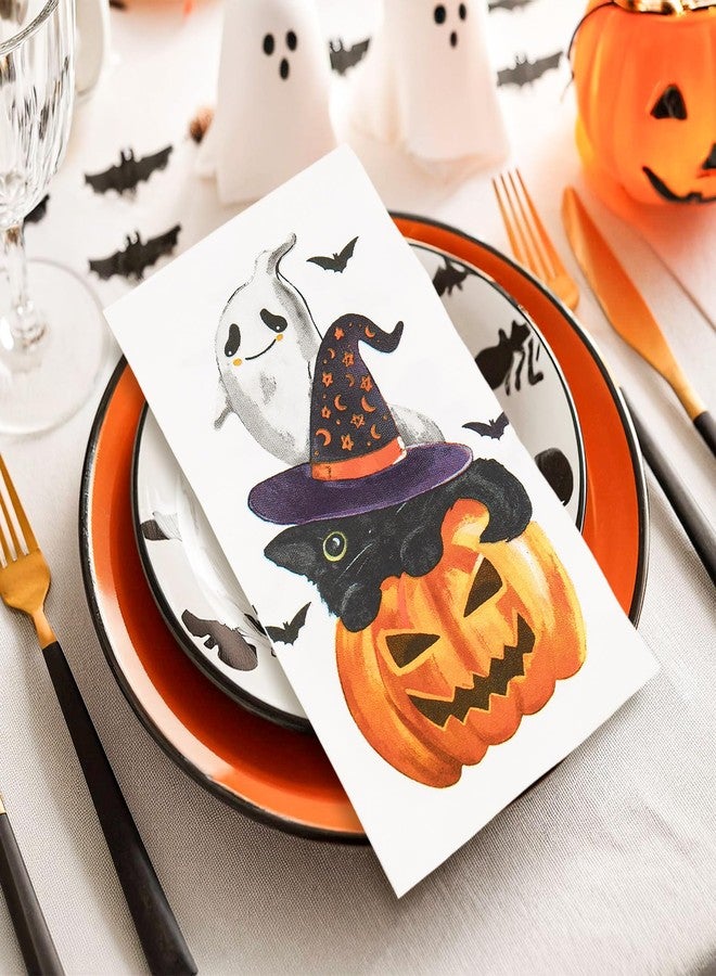 Whaline 100Pcs Halloween Guest Napkins Pumpkin Ghost Black Cat Disposable Paper Napkin Trick or Treat Spooky Boo Dinner Hand Napkin for Kitchen Bathroom - Image 4